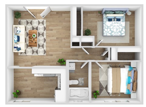 Floor plan for 2 beds, 1 bath, 725 sqft